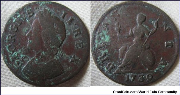 1739 farthing, F with verdegris
