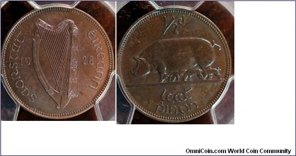 KM-2, 1928 Ireland half penny, proof; bronze, plain edge; nice coin, PCGS graded PR65BN, mintage 6001.