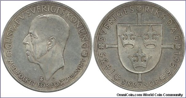 Sweden 5 Kronor 1935-500th Anniversary of Parliament
