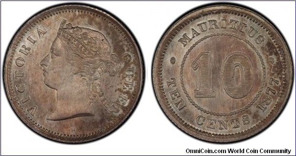 KM-10.1, 1877 Mauritius 10 cents, Heaton mint (H mint mark); silver, reeded edge; interesting proof like fields and almost cameo like raised portrait of the queen Victoria, PCGS graded SP67.