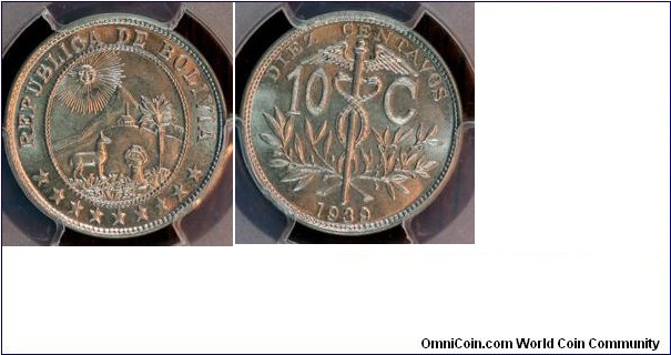 KM-179.2, 1939 10 centavos; copper nickel, plain edge; bright uncirculated, PCGS graded MS65.