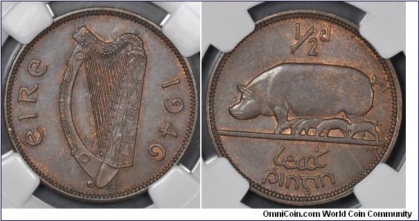 KM-10, 1946 Ireland 1/2 penny; bronze, plain edge; dark brown NGC certified MS64 BN, second smallest mintage of the type.