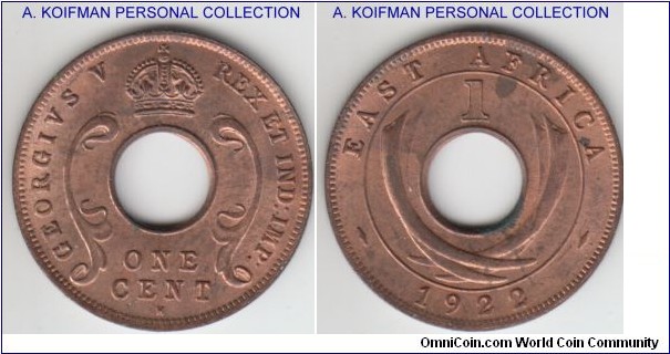 KM-22, 1922 East Africa cent, Heaton mint (H mint mark); bronze, plain edge; mostly red uncirculated specimen.