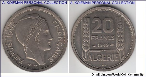 KM-E1, Algeria 1949 20 francs essai; copper-nickel, reeded edge; nice very lightly toned coin, mintage 1,500.