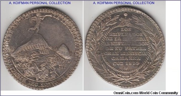 Fonrobert-9169, 1839 Peru medal; silver, star lined edge; Cuzco (Ancachs), Peru, silver 4R-sized medal, 1839, Battle of Yungay, ex-Derman. Fonr-9169 13.45 grams. Obverse with trumpeting cherub on hill above battle scene, legend LA LEY RESTAURADA POR EL VALOR DEL EJERCITO UNIDO EN ANCACH; reverse with LOS / EMPLEADOS / DE LA MONEDA / AL RESTAURADOR / DE SU PATRIA / GRAN MARISCAL / GAMARRA / CUZCO 1839 within laurel wreath and chain;