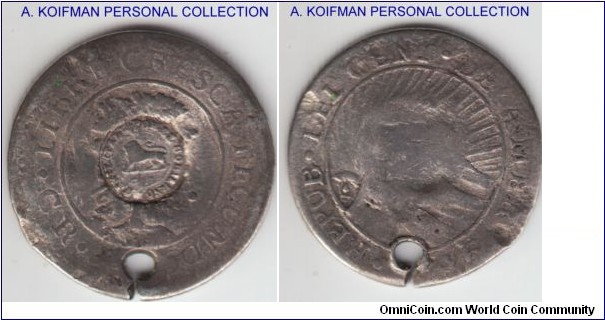 KM-68, (1849-1857) Costa Rica 1/2 real; silver, reeded edge; Costa Rica 1/2 real counterstamp over 1846 JB CRESCA Central American Republic 1/2 real (KM-20a), very fine or about counterstamp over very good host coin, holed.