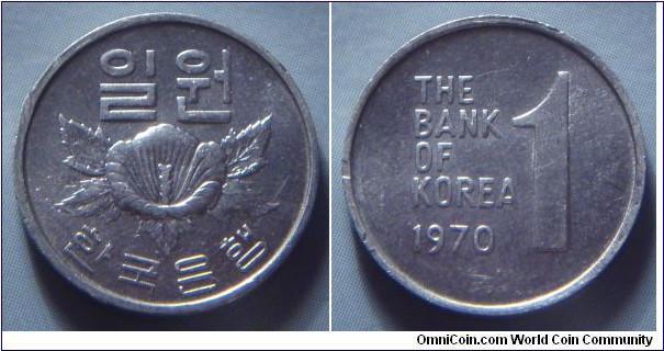 South Korea | 
1 Won, 1970 | 
17.2 mm, 0.73 gr. | 
Aluminium | 

Obverse: Rose of Sharon, South Korea national flower, denomination above | 
Lettering: 일원 한국은행 | 

Reverse: Denomination, date left | 
Lettering: THE BANK OF KOREA 1970 1 |