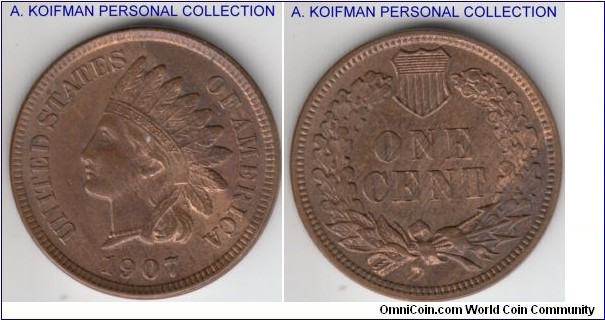 KM-90a, 1907 Unites States of America cent; bronze, plain edge; red brown sharp strike, mint state.