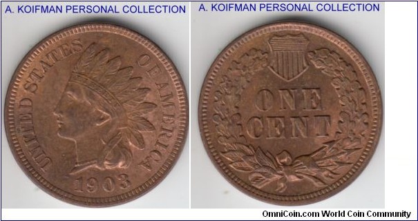 KM-90a, 1907 Unites States of America cent; bronze, plain edge; red brown good strike, mint state.