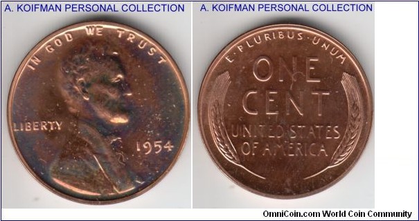 KM-A132, 1954 United States of America proof cent; bronze, plain edge; red and bright but for a small toning on obverse.