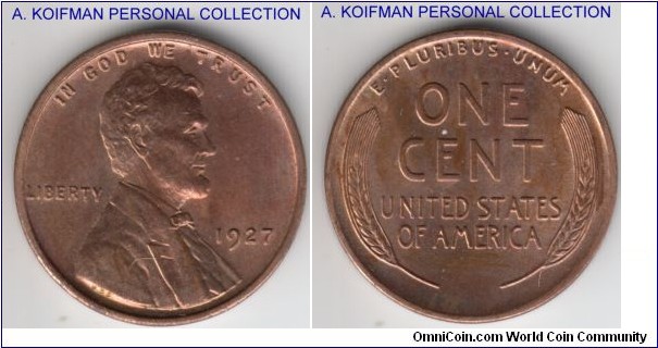 KM-132, 1927 United States of America cent; bronze, plain edge; red mint state.