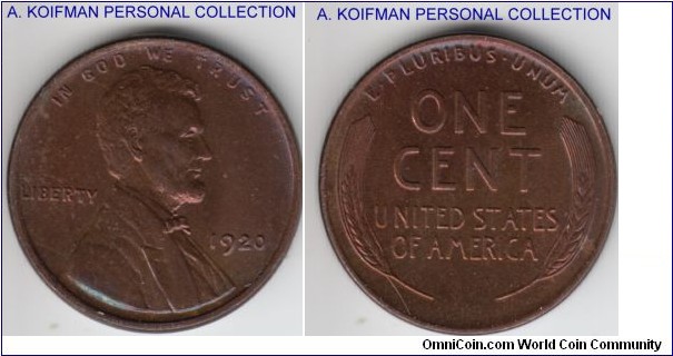 KM-132, 1920 United States of America cent; bronze, plain edge; bluish brown mint state.