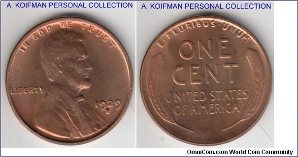 KM-132, 1929 United States of America cent, San Francisco mint (S mint mark); bronze, plain edge; bright red mint state.