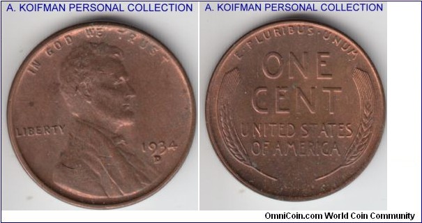 KM-132, 1934 United States of America cent, Denver mint (D mint mark); bronze, plain edge; brown mint state.