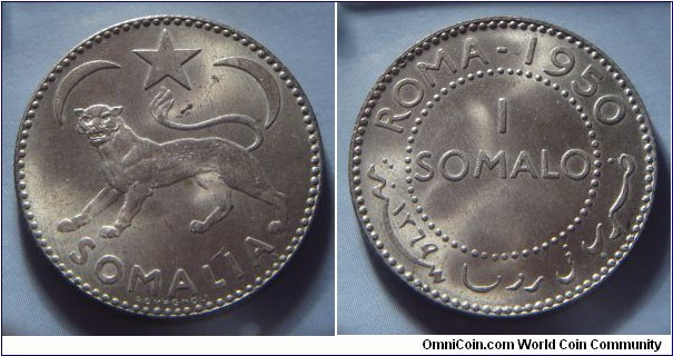 Somalia | 
1 Somalo, 1950 | 
26.7 mm, 7.6 gr. | 
Silver (.250), Copper, Zinc and Nickel | 

Obverse: A leopard facing left with star and crescent above | 
Lettering: SOMALIA | 

Reverse: Denomination within circle, date upper right | 
Lettering: ROMA - 1950 1 SOMALO في روما سنة ۱۳٦٩ |