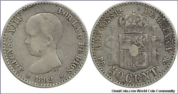 Spain 50 Centimos 1892(92)PG-M