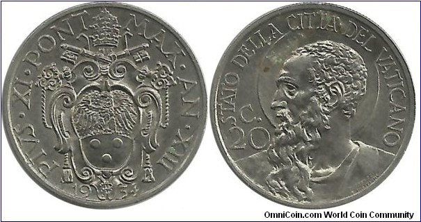 Vatican 20 Centesimi 1934