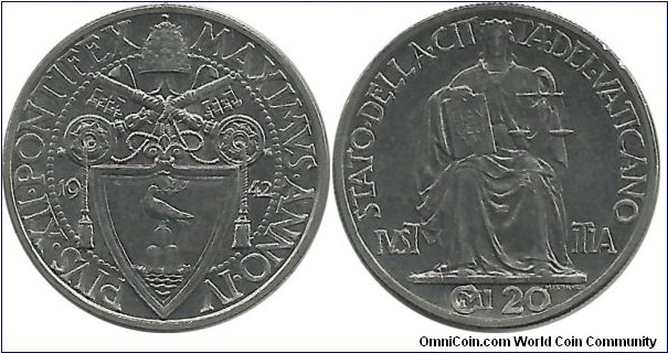 Vatican 20 Centesimi 1942