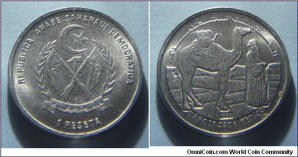 Western Sahara | 
1 Peseta, 1992 | 
17 mm, 3.1 gr. | 
Copper-nickel | 

Obverse: National Coat of Arms, denomination below | 
Lettering: REPUBLICA ARABE SAHARAUI DEMOCRATICA 1 PESETA | 

Reverse: Camel being led by Arab facing right, date below | 
Lettering: النقل التقليدي TRANSPORTE TÍPICO |