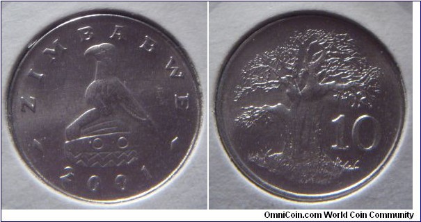 Zimbabwe | 
10 Cents, 2001 | 
20 mm, 3.8 gr. | 
Nickel plated Steel | 

Obverse: National Coat of Arms, date below | 
Lettering: ZIMBABWE 2001 | 

Reverse: Baobab, denomination right | 
Lettering: 10 |