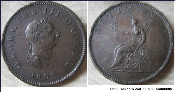 1806 halfpenny, VF grade with a few edge nicks