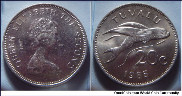 Tuvalu | 
20 Cents, 1985 | 
28.45 mm, 11.25 gr. | 
Copper-nickel | 

Obverse: Queen Elizabeth II facing right | 
Lettering: QUEEN ELIZABETH THE SECOND | 

Reverse: Flying fish, denomination below, date bottom | 
Lettering: TUVALU 20c 1985 |