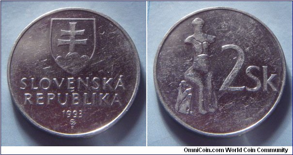 Slovakia | 
2 Koruny, 1993 | 
22.5 mm, 4.4 gr. | 
Nickel clad Steel | 

Obverse: National Coat of Arms, date below | 
Lettering: SLOVENSKÁ REPUBLIKA 1993 | 

Reverse: Earthen sculpture of the sitting Venus (Venus of Nitriansky Hrádok), denomination right | 
Lettering: 2 Sk |