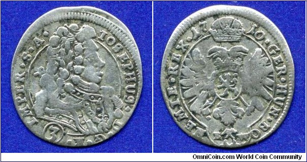 3 kreuzer (Groschen).
Bohemia.
Ioseph I (1705-1711), Imperor of Holy Roman Empire.
Kuttenberg (Kutna Hora) mint.


Ag359f. 1,74gr.