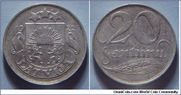 Latvia | 
20 Santīmu, 1922 | 
21 mm, 6 gr. | 
Nickel | 

Obverse: National Coat of Arms | 
Lettering: LATVIJA | 

Reverse: Denomination, date below | 
Lettering: 20 Santimu 1922 |