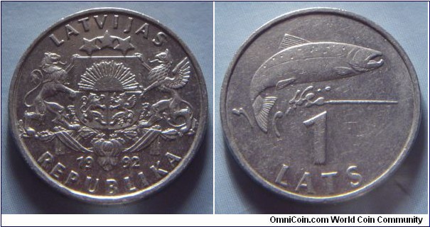 Latvia | 
1 Lats, 1992 | 
21.75 mm, 4.8 gr. | 
Copper-nickel | 

Obverse: National Coat of Arms, date below | 
Lettering: LATVIJAS REPUBLIKA 1992 | 

Reverse: Salmon jumping right, denomination below | 
Lettering: 1 LATS |