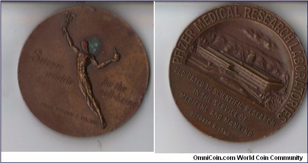 Pfizer Research Medical Laboratories medal by Medallic Art Company.