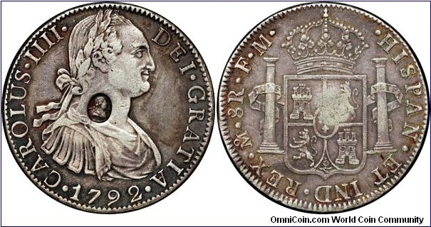 Great Britain, George III, 1797 Bank of England Dollar with the Oval Counterstamp on 1792 Charles IV Mexico 8 Reales. 