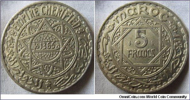 Extremely fine 1946 Morocco 5 franc