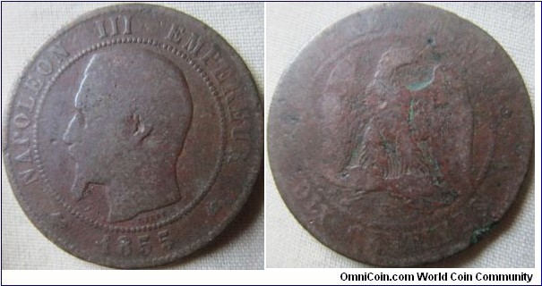1855 10 centimes, low grade