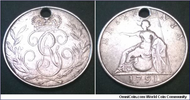 George III pattern sixpence 1791. Holed. Fine? Obverse aVF?