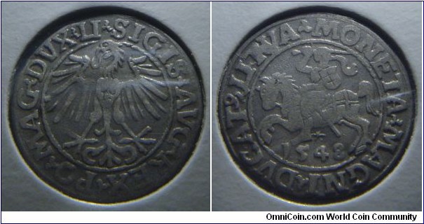 Grand Duchy of Lithuania | 
½ Grosza, 1548 | 
20 mm, 1.25 gr. | 
Silver | 

Obverse: Eagle |
Lettering: II SIGIS AVG REX PO MAG DVX |

Reverse: Vytis on horseback, date below | 
Lettering: LITVA MONETA MAGNI DVCAT 1548 |