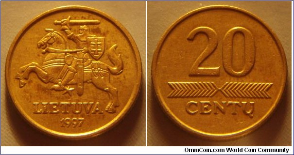 Lithuania | 
20 Centų, 1997 | 
20.5 mm, 4.8 gr. | 
Nickel-brass | 

Obverse: National Coat of Arms, date below | 
Lettering: LIETUVA 1997 |

Reverse: Denomination | 
Lettering: 20 CENTŲ |