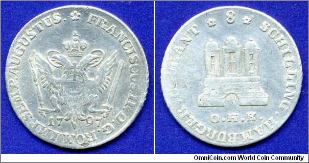 8 schillinge (1/6 Thaler).
Free Stadt Hamburg.
Francisc II (1792-1806), Emperor of Holy Roman Empire.


Ag.