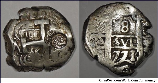 Central American Union (Guatemala), Macuquina type (1842-1852 AD), Republic Sun & Mountains Counterstamp; countermark on Spanish colonial Bolivia Potosi mint Charles III, Silver cob 8 Reales, 1771 P V/Y, Obverse: Cross of Jerusalem, lions and castles in quarters. Reverse: Pillars of Hercules and waves, value at top center, KM# 45. Host coin very fine, countermark good very fine. Both side with clear visible date. 26.25g, 30.12mm, 91.7% Silver. 