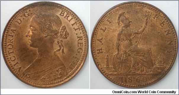 1860 Victoria Halfpenny dies 1*+A Freeman 260A R16 rated meaning only 51-100 of these varities known (No tie knot to Ribbon)