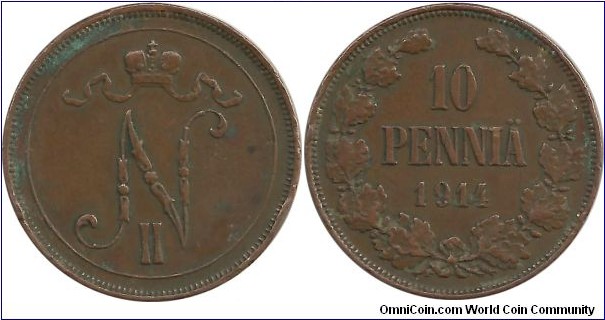 Finland-Grand Duchy 10 Pennia 1914
