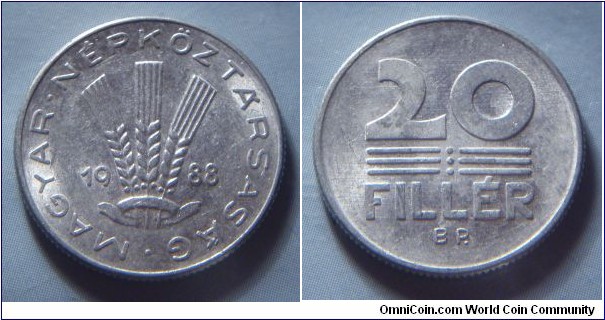 Hungarian People's Republic | 
20 Fillér, 1988 | 
20.3 mm, 0.95 gr. | 
Aluminium | 

Obverse: Three wheat stalks divides date | 
Lettering: • MAGYAR • NÉPKÖZTÁRSASÁG 1988 | 

Reverse: Denomination | 
Lettering: 20 FILLÉR |