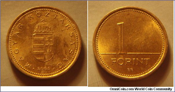 Hungary | 
1 Forint, 2005 | 
16.3 mm, 2.05 gr. | 
Nickel-brass | 

Obverse: National Coat of Arms, date below | 
Lettering: • MAGYAR KÖZTÁRSASÁG • 2005 | 

Reverse: Denomination | 
Lettering: 1 FORINT |