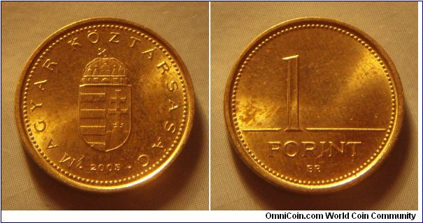 Hungary | 
1 Forint, 2005 | 
16.3 mm, 2.05 gr. | 
Nickel-brass | 

Obverse: National Coat of Arms, date below | 
Lettering: • MAGYAR KÖZTÁRSASÁG • 2005 | 

Reverse: Denomination | 
Lettering: 1 FORINT |