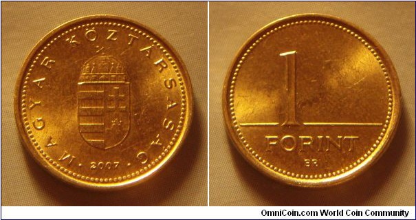 Hungary | 
1 Forint, 2007 | 
16.3 mm, 2.05 gr. | 
Nickel-brass | 

Obverse: National Coat of Arms, date below | 
Lettering: • MAGYAR KÖZTÁRSASÁG • 2007 | 

Reverse: Denomination | 
Lettering: 1 FORINT |