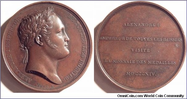 AE Medallion, Visit of Alexander I to the Paris mint. 40mm.