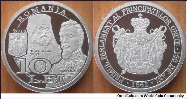 10 Lei - 150 years of unification of political institutions Nifon/Cuza - 31.1 g 0.999 silver Proof - mintage 500 pcs only