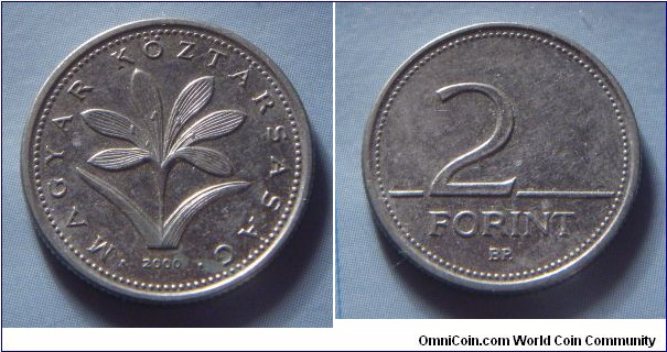 Hungary | 
2 Forint, 2000 | 
19 mm, 3.1 gr. | 
Copper-nickel | 

Obverse: The Hungarian crocus (Colchium Hungaricum), date below | 
Lettering: • MAGYAR KÖZTÁRSASÁG • 2000 | 

Reverse: Denomination | 
Lettering: 2 FORINT |
