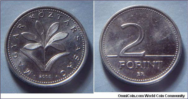 Hungary | 
2 Forint, 2005 | 
19 mm, 3.1 gr. | 
Copper-nickel | 

Obverse: The Hungarian crocus (Colchium Hungaricum), date below | 
Lettering: • MAGYAR KÖZTÁRSASÁG • 2005 | 

Reverse: Denomination | 
Lettering: 2 FORINT |