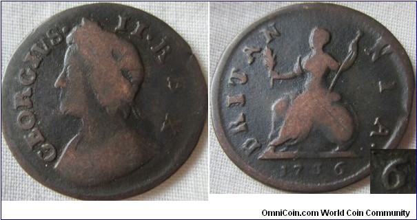 1736 farthing 6 over 5 or recut 5 to make a 6?